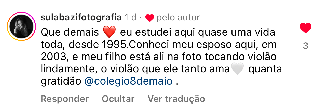 Print de depoimento de mãe sobre acolhimento no Colégio 8 de Maio