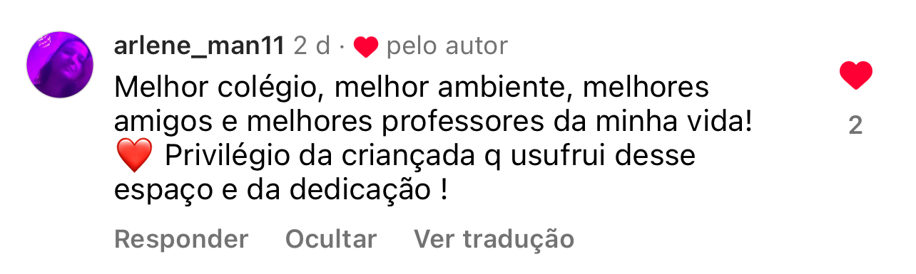 Print de depoimento de mãe sobre qualidade de ensino e individualidade