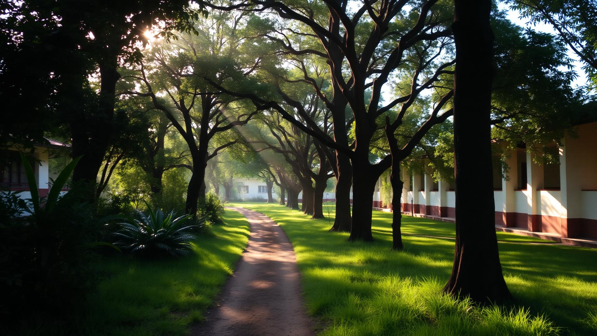 Trilha arborizada do campus do Colégio 8 de Maio ao amanhecer